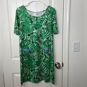 NWOT Top It Off women’s green leafy blue ribbon‎ decorated pocket tshirt dress M